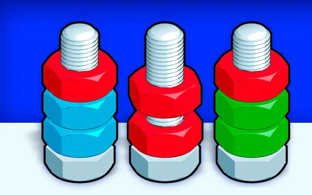Nuts Puzzle: Sort By Color, Sort coloured nuts onto bolts until every screw holds a single colour.